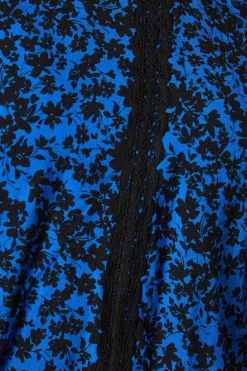 Blue Ditsy Lace Trim Body Long Sleeve Blouse
