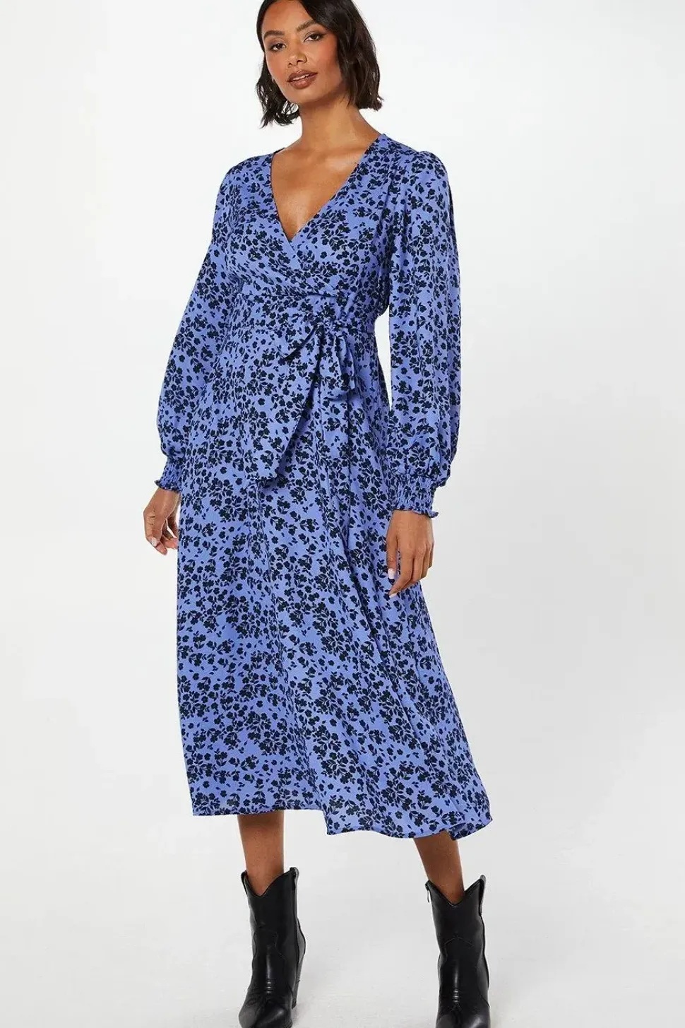 Blue Ditsy Long Sleeve Wrap Midi Dress