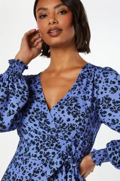 Blue Ditsy Long Sleeve Wrap Midi Dress