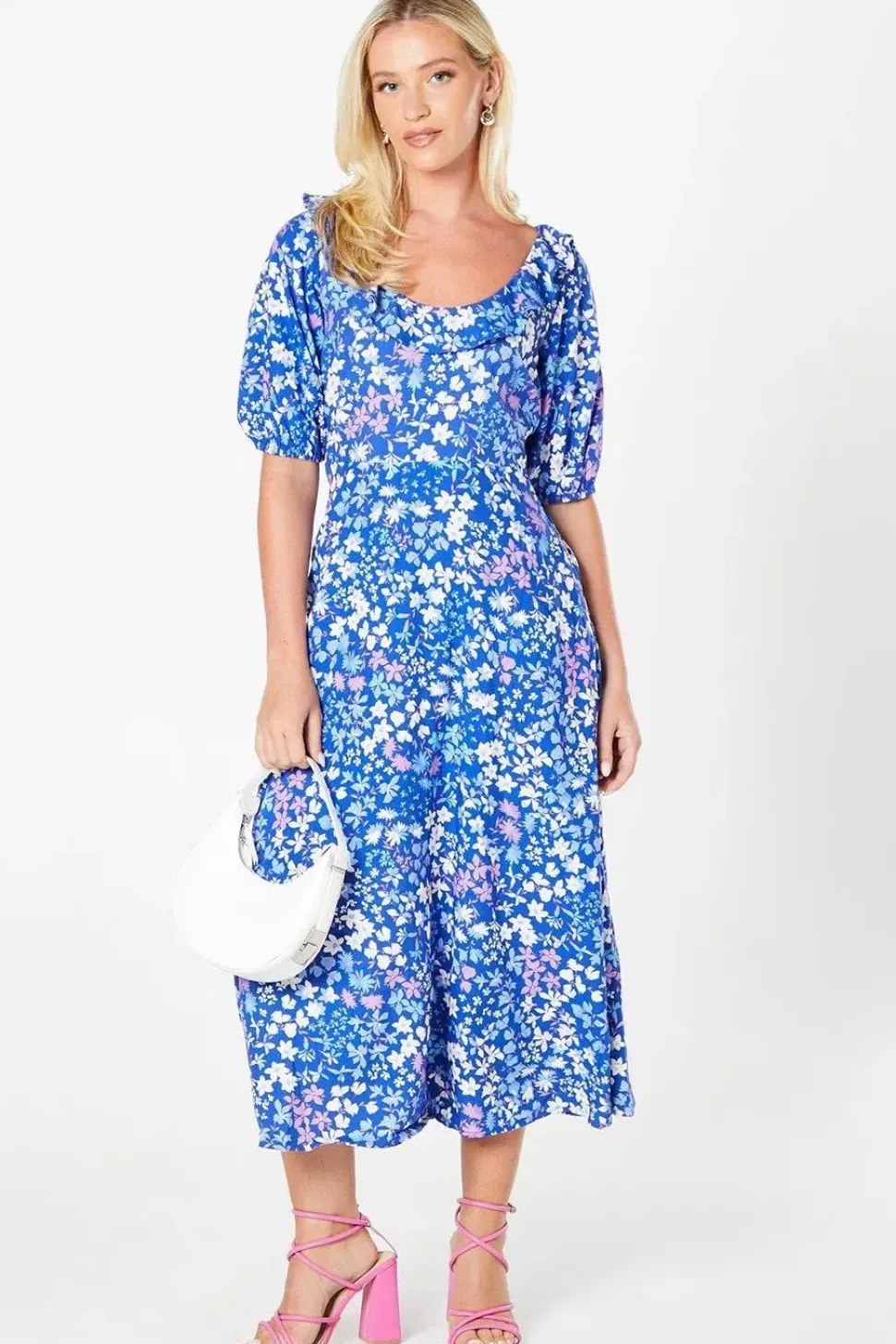 Blue Ditsy Ruffle Midi Dress