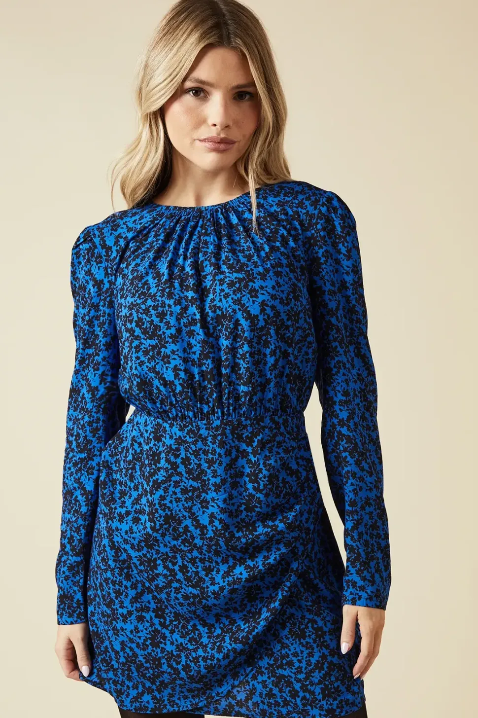 Blue Ditsy Wrap Skirt Long Sleeve Mini Dress
