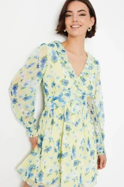 Blue Floral Chiffon Frill Neckline Waisted Mini Dress