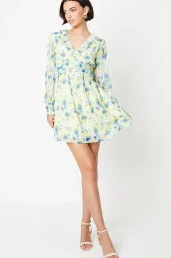 Blue Floral Chiffon Frill Neckline Waisted Mini Dress