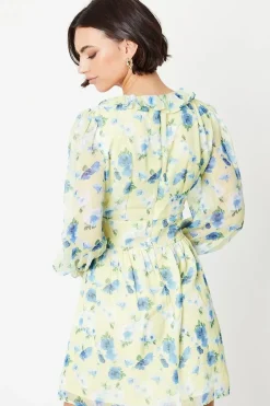 Blue Floral Chiffon Frill Neckline Waisted Mini Dress