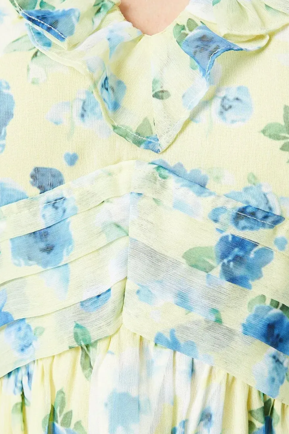 Blue Floral Chiffon Frill Neckline Waisted Mini Dress