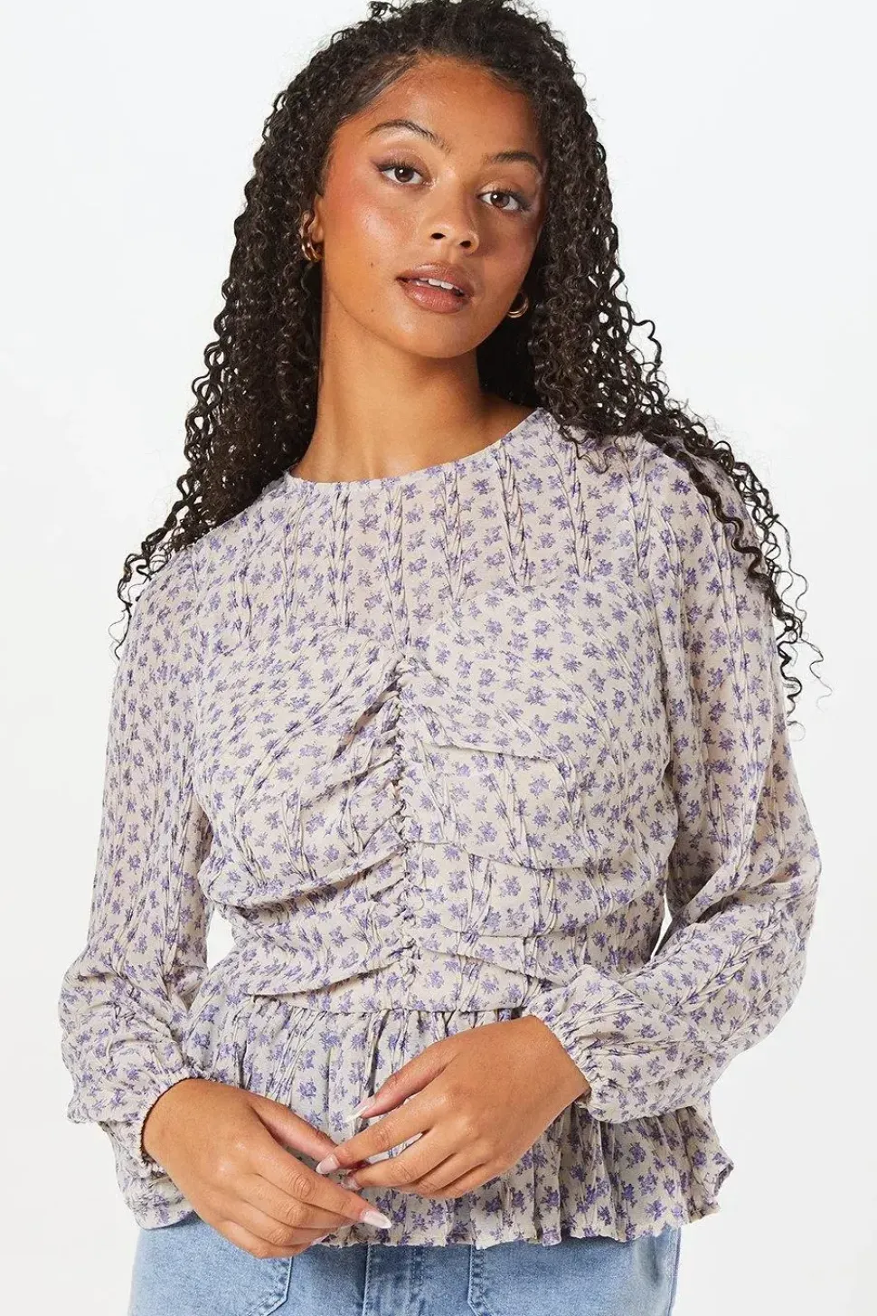 Blue Floral Chiffon Ruched Front Top