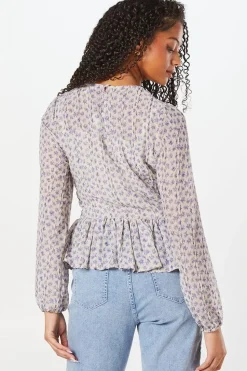 Blue Floral Chiffon Ruched Front Top