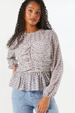 Blue Floral Chiffon Ruched Front Top
