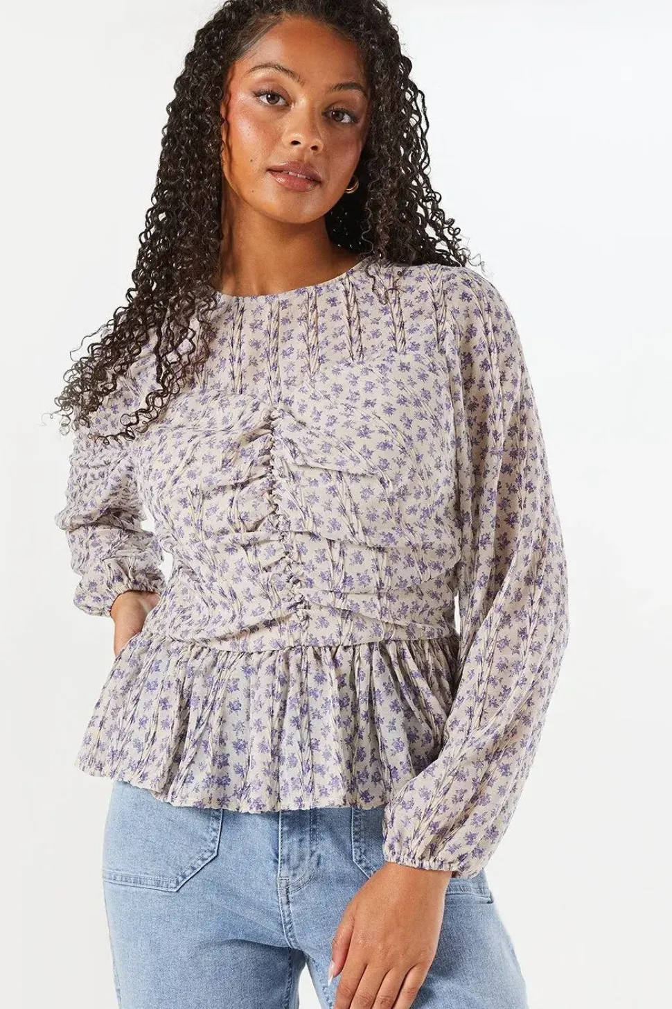 Blue Floral Chiffon Ruched Front Top