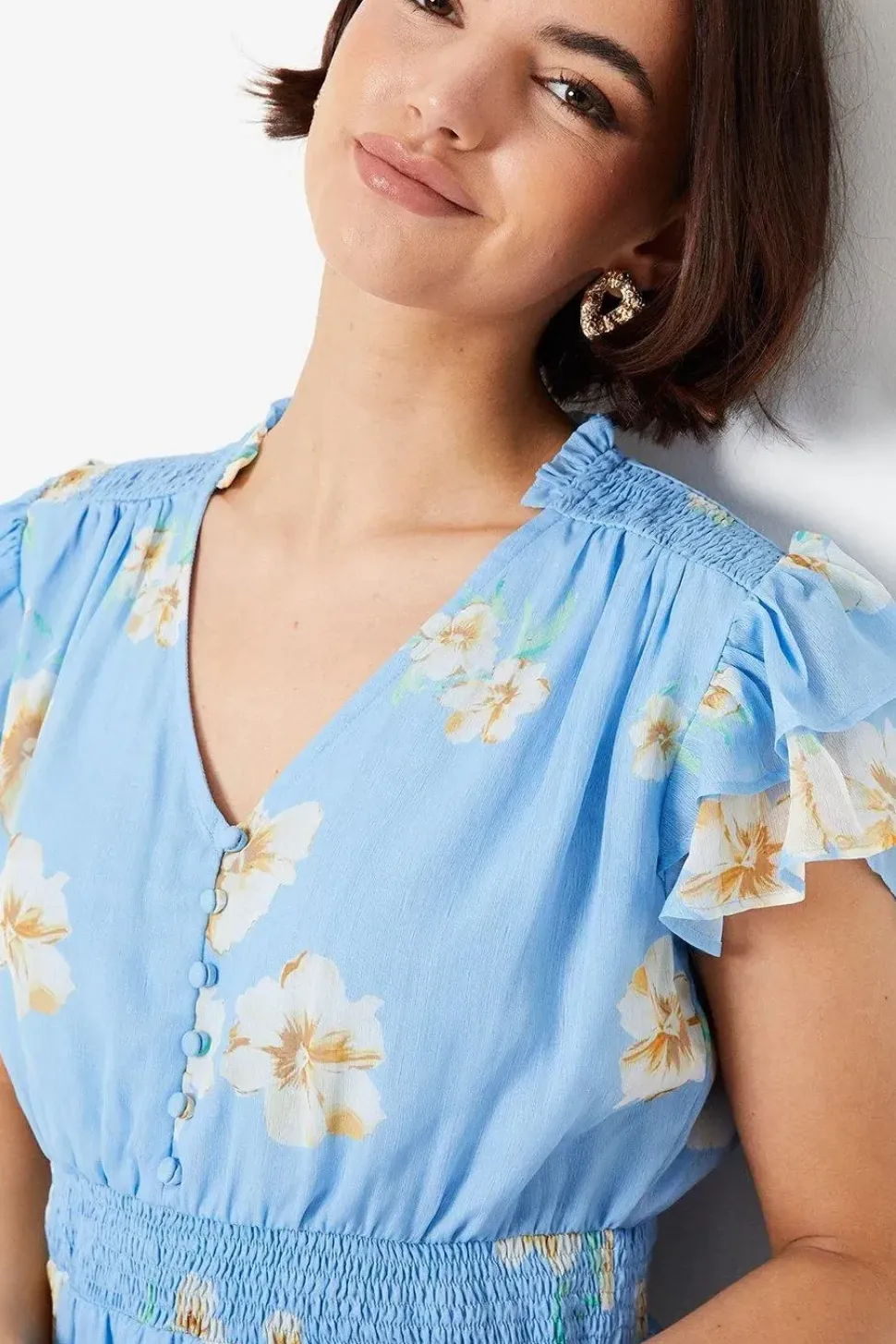 Blue Floral Chiffon Shirred Detail Frill Sleeve Mini Dress