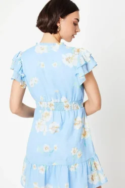 Blue Floral Chiffon Shirred Detail Frill Sleeve Mini Dress