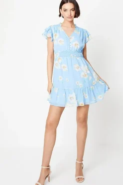 Blue Floral Chiffon Shirred Detail Frill Sleeve Mini Dress