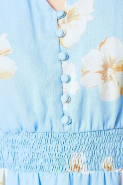 Blue Floral Chiffon Shirred Detail Frill Sleeve Mini Dress