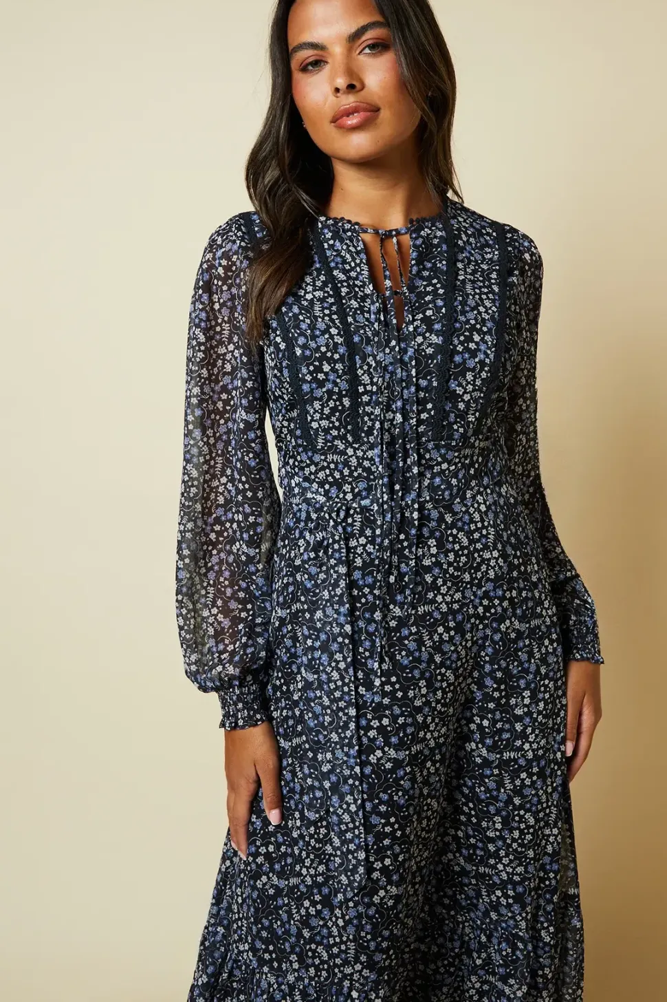 Blue Floral Double Tie Lace Trim Tie Back Shirred Cuff Midi Dress