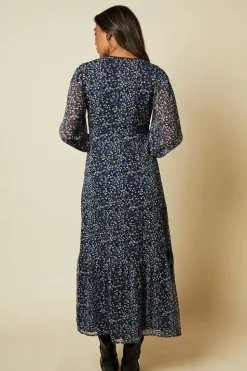 Blue Floral Double Tie Lace Trim Tie Back Shirred Cuff Midi Dress