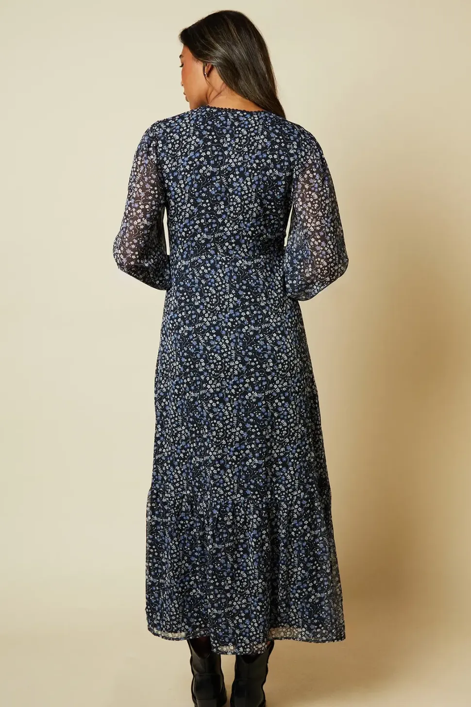 Blue Floral Double Tie Lace Trim Tie Back Shirred Cuff Midi Dress