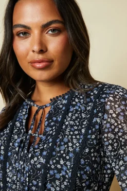 Blue Floral Double Tie Lace Trim Tie Back Shirred Cuff Midi Dress