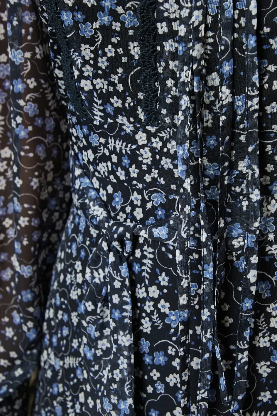 Blue Floral Double Tie Lace Trim Tie Back Shirred Cuff Midi Dress