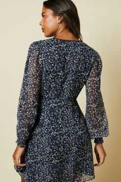 Blue Floral Double Tie Lace Trim Tie Back Shirred Cuff Mini Dress