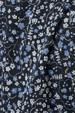 Blue Floral Double Tie Lace Trim Tie Back Shirred Cuff Mini Dress