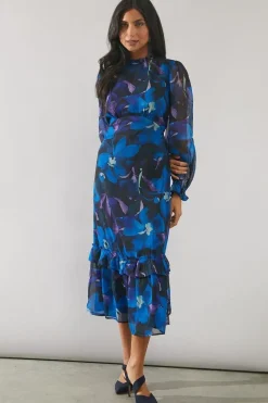 Blue Floral Frill Detail Midi Dress