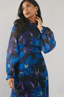 Blue Floral Frill Detail Midi Dress