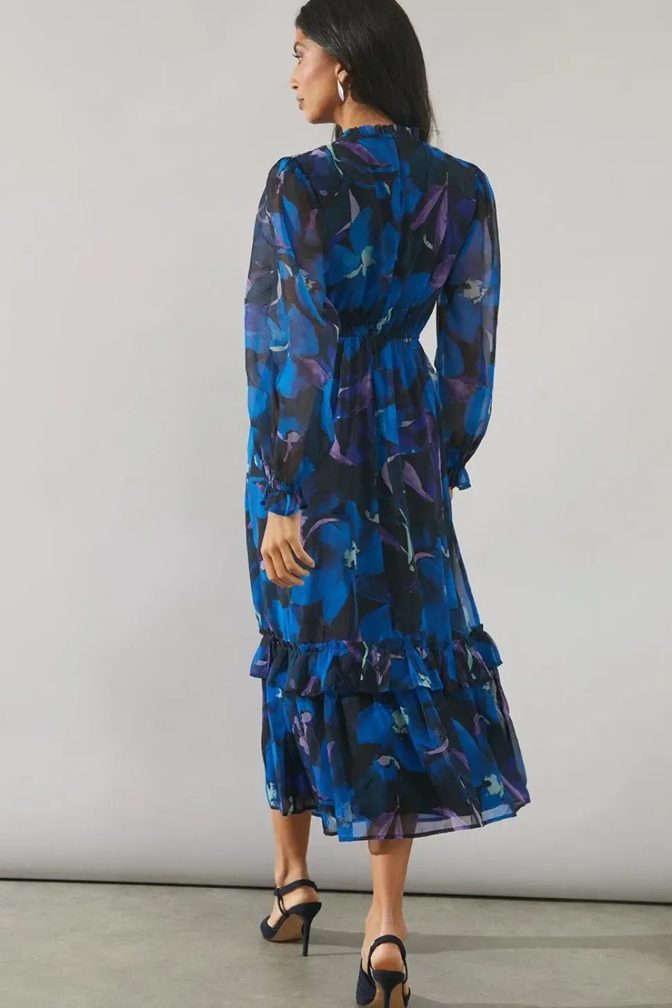 Blue Floral Frill Detail Midi Dress