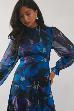 Blue Floral Frill Detail Midi Dress