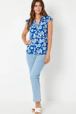 Blue Floral Jersey Sleeveless Frill Top