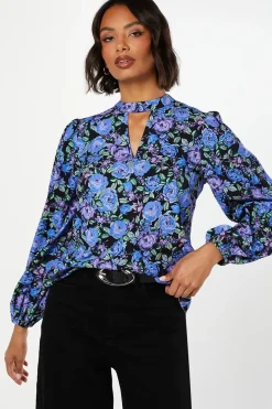 Blue Floral Keyhole Blouse