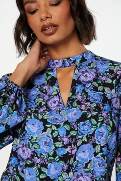 Blue Floral Keyhole Blouse