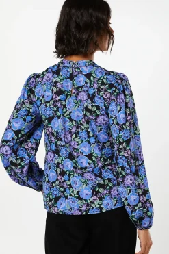 Blue Floral Keyhole Blouse