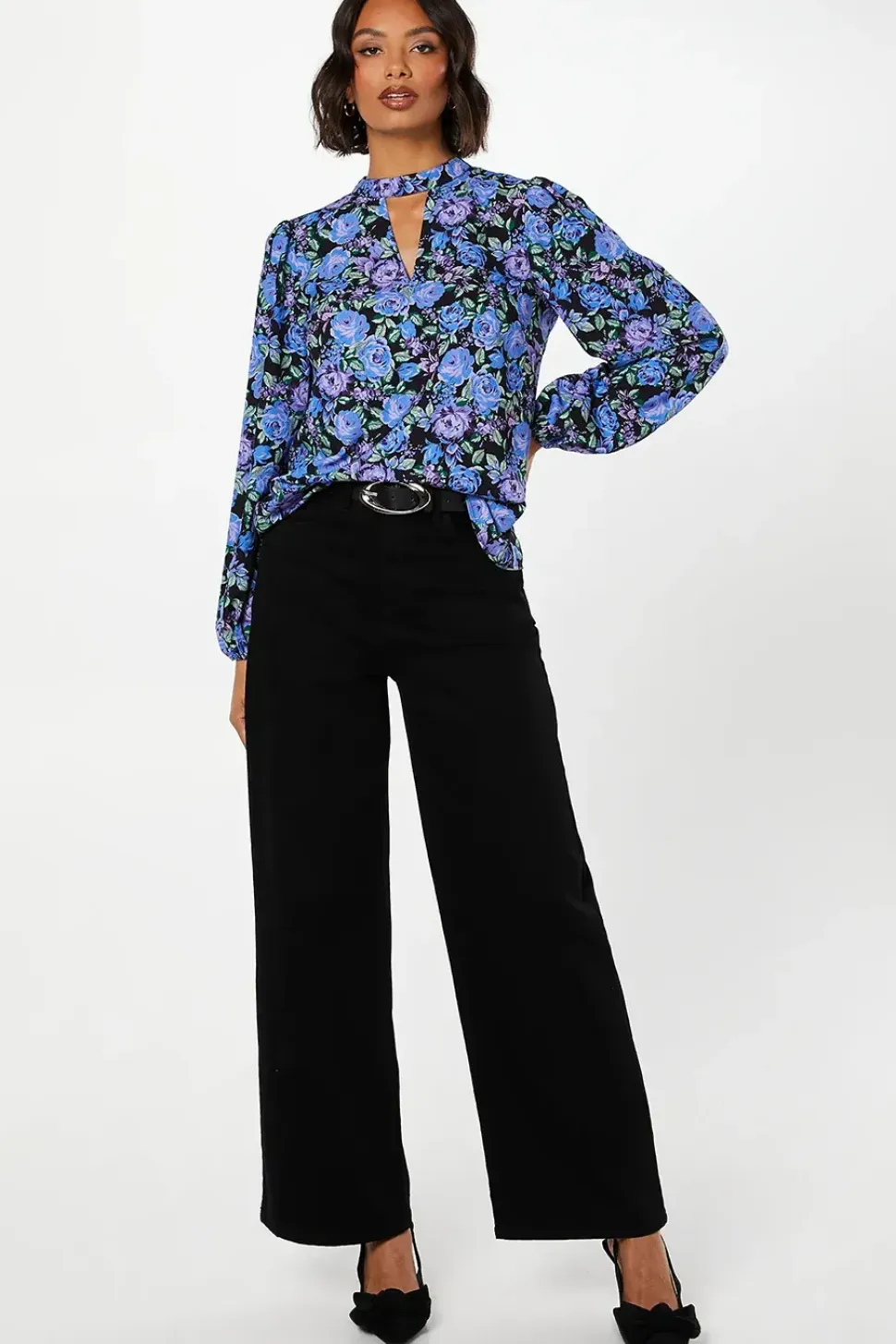 Blue Floral Keyhole Blouse