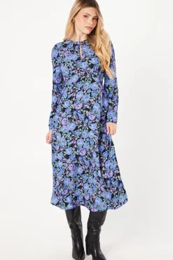 Blue Floral Long Sleeve Keyhole Midi Dress