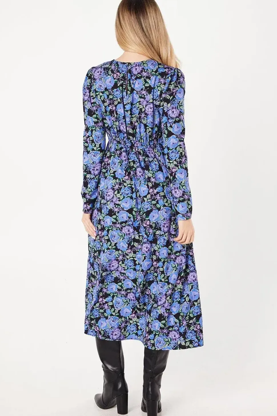 Blue Floral Long Sleeve Keyhole Midi Dress