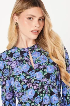 Blue Floral Long Sleeve Keyhole Midi Dress