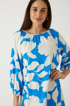 Blue Floral Pleat Detail Shift Dress