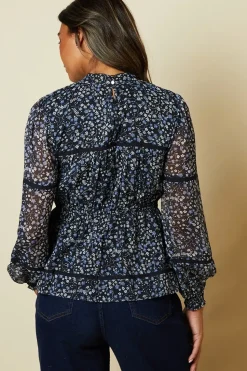 Blue Floral Pleated Yoke Chiffon Long Sleeve Blouse