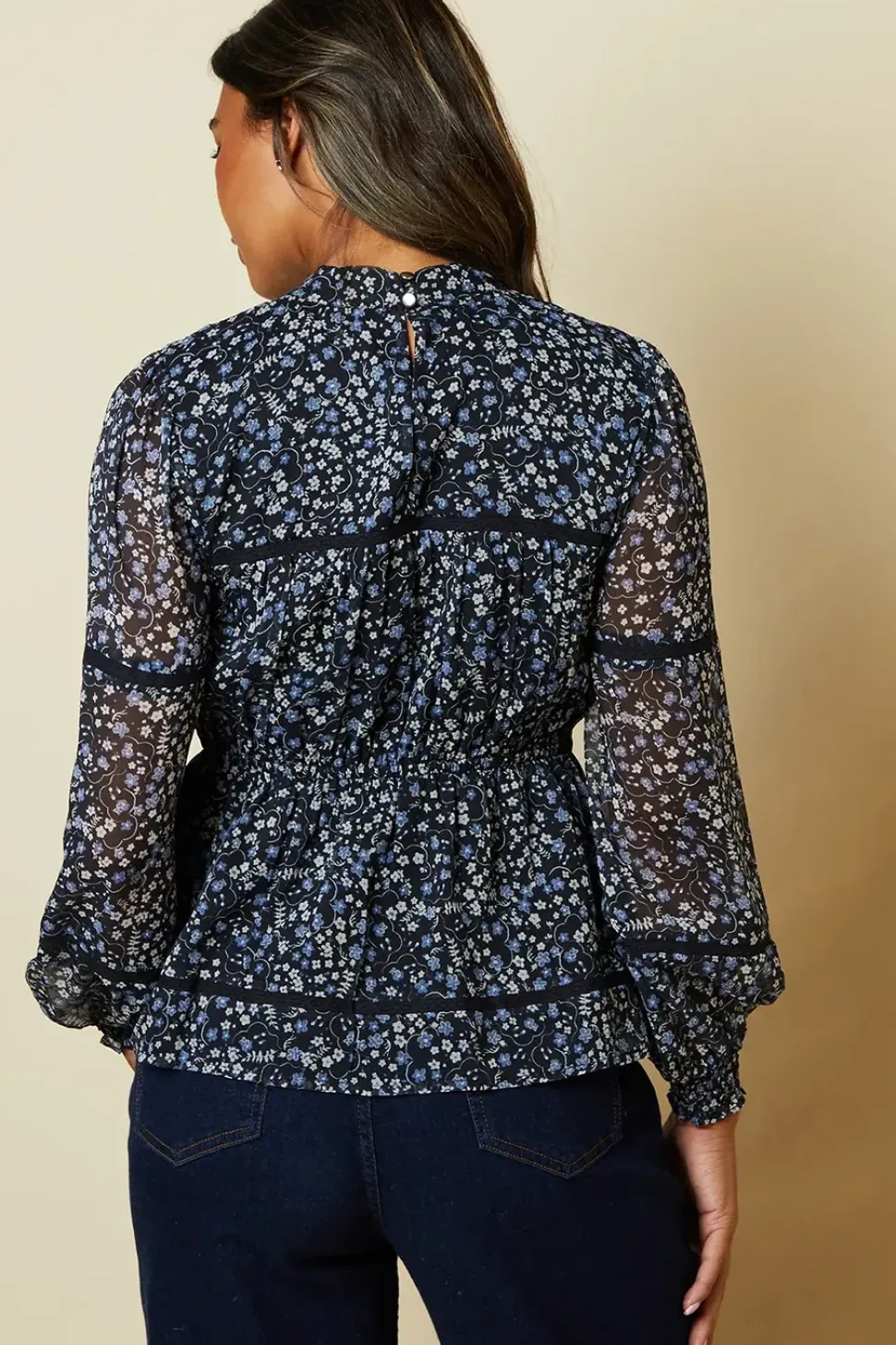 Blue Floral Pleated Yoke Chiffon Long Sleeve Blouse