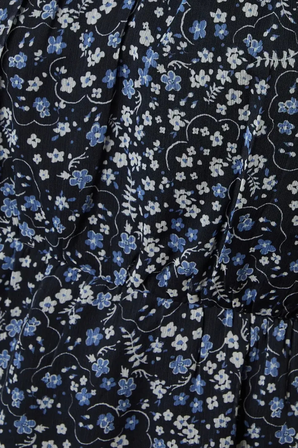 Blue Floral Pleated Yoke Chiffon Long Sleeve Blouse