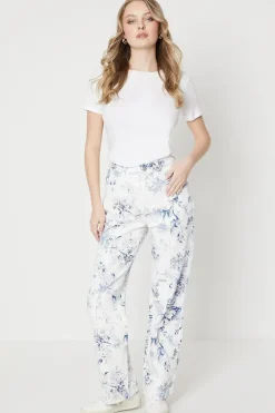 Blue Floral Printed Denim Straight Leg Jean