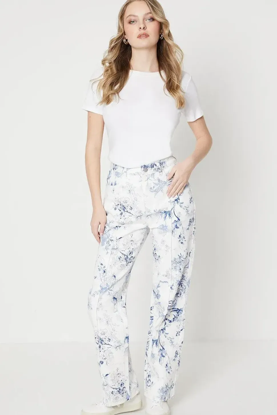 Blue Floral Printed Denim Straight Leg Jean