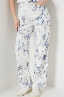 Blue Floral Printed Denim Straight Leg Jean