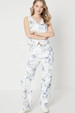 Blue Floral Printed Denim Straight Leg Jean
