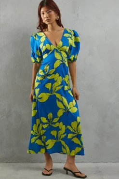 Blue Floral Satin Button Through Volume Sleeve Midi Tea Dress