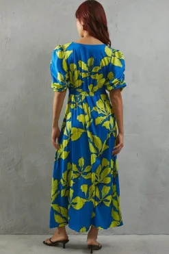 Blue Floral Satin Button Through Volume Sleeve Midi Tea Dress