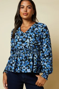 Blue Floral V Neck Shirred Waist Blouse