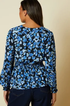 Blue Floral V Neck Shirred Waist Blouse