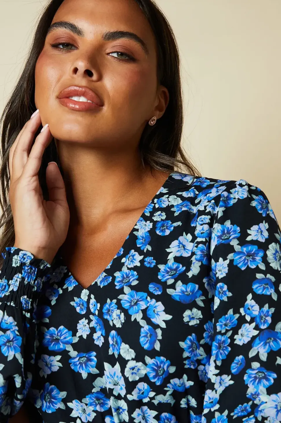 Blue Floral V Neck Shirred Waist Blouse