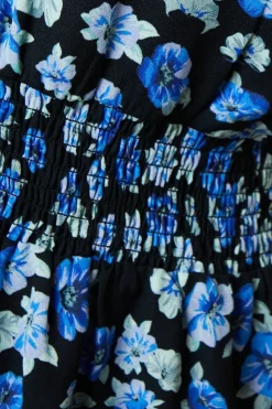 Blue Floral V Neck Shirred Waist Blouse